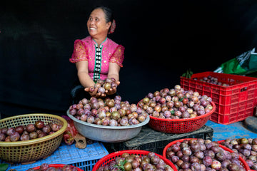 Smiling woman in vibrant traditional clothing holding fresh plums at a market stall surrounded by full baskets – celebrating abundance, joyful labour, and cultural heritage through community trade.