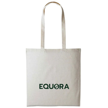 Canvas tote bag with the EQUØRA logo and the tagline "Jewellery in motion." printed on the front.