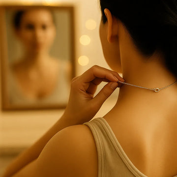 A woman fastens a delicate silver necklace in front of a softly lit vanity mirror, capturing a quiet moment of getting ready.