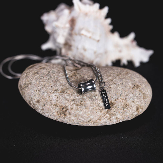 EQUØRA Calypso Necklace featuring a sculpted, wave-like pendant and branded tag, displayed on a natural stone with a white seashell backdrop — bold stainless steel jewellery inspired by ocean rhythm and fluidity.