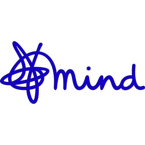 Mind charity logo featuring a hand-drawn blue scribble and the word "mind" in a friendly, handwritten font, symbolising mental health awareness and support.