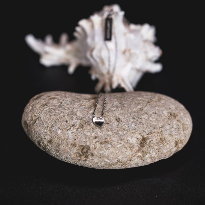 EQUØRA Pulse Necklace featuring a minimalist heart pendant on a fine chain, elegantly displayed on a smooth beach stone with a natural seashell backdrop — stainless steel jewellery with emotional resonance.