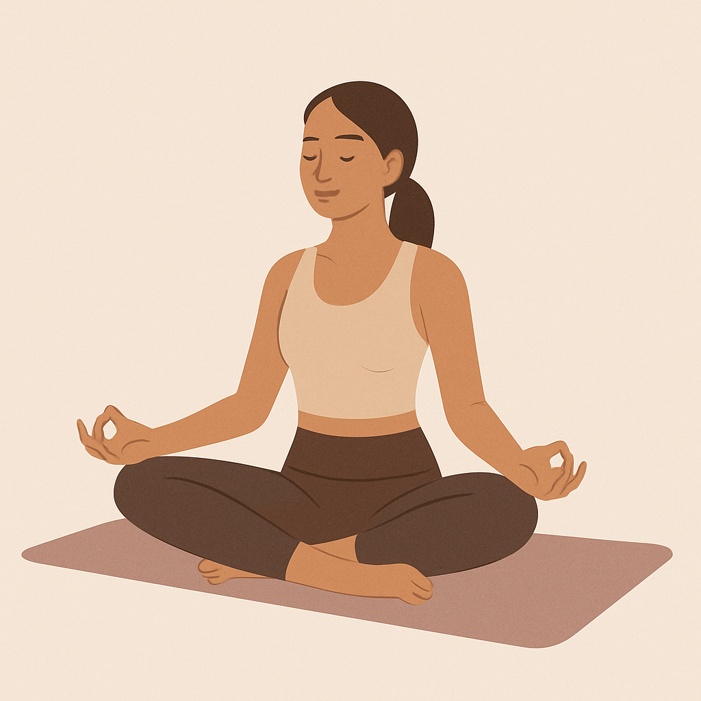 Illustration of a woman sitting cross-legged on a yoga mat, eyes closed, hands in a mudra position, with the caption "Sit or stand with both feet grounded."