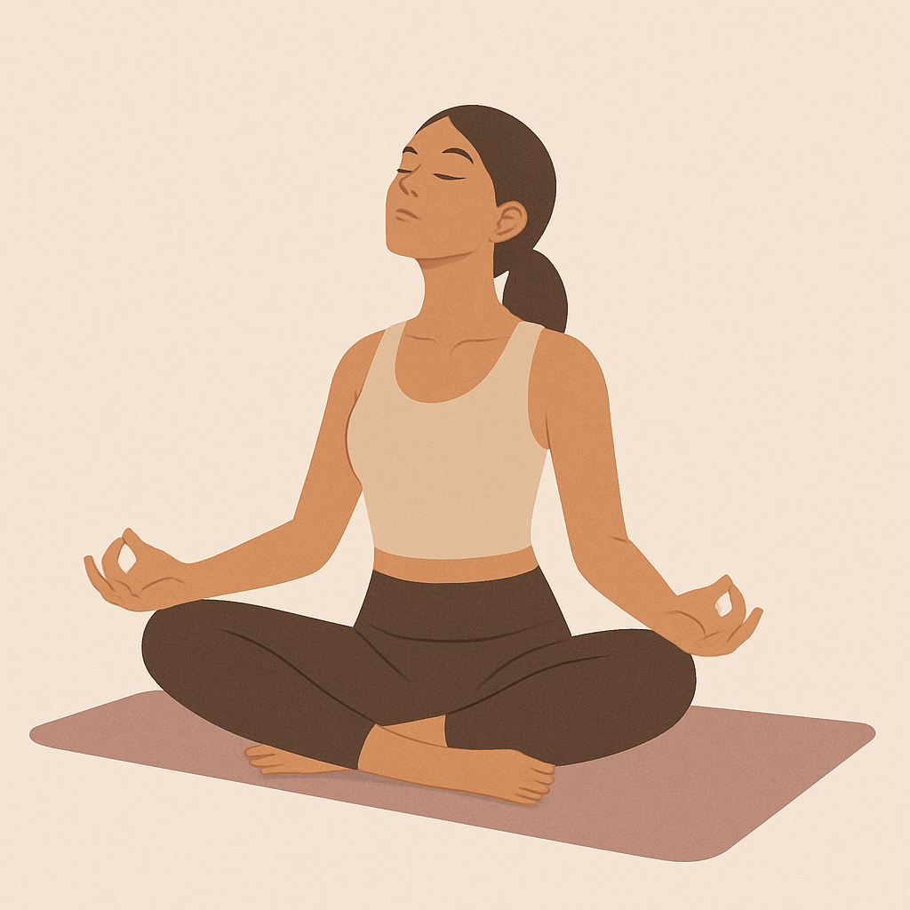 Illustration of the same woman with eyes closed, calmly breathing, with the caption "Breathe in for 4, hold for 4, and breathe out for 4."