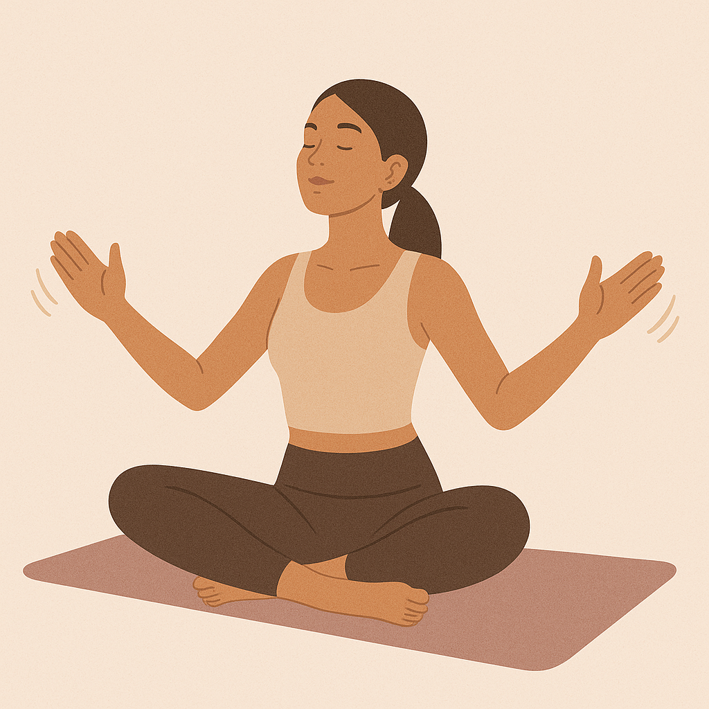 Illustration of the woman with raised arms, gently shaking her hands, with the caption "Shake your hands or stretch."