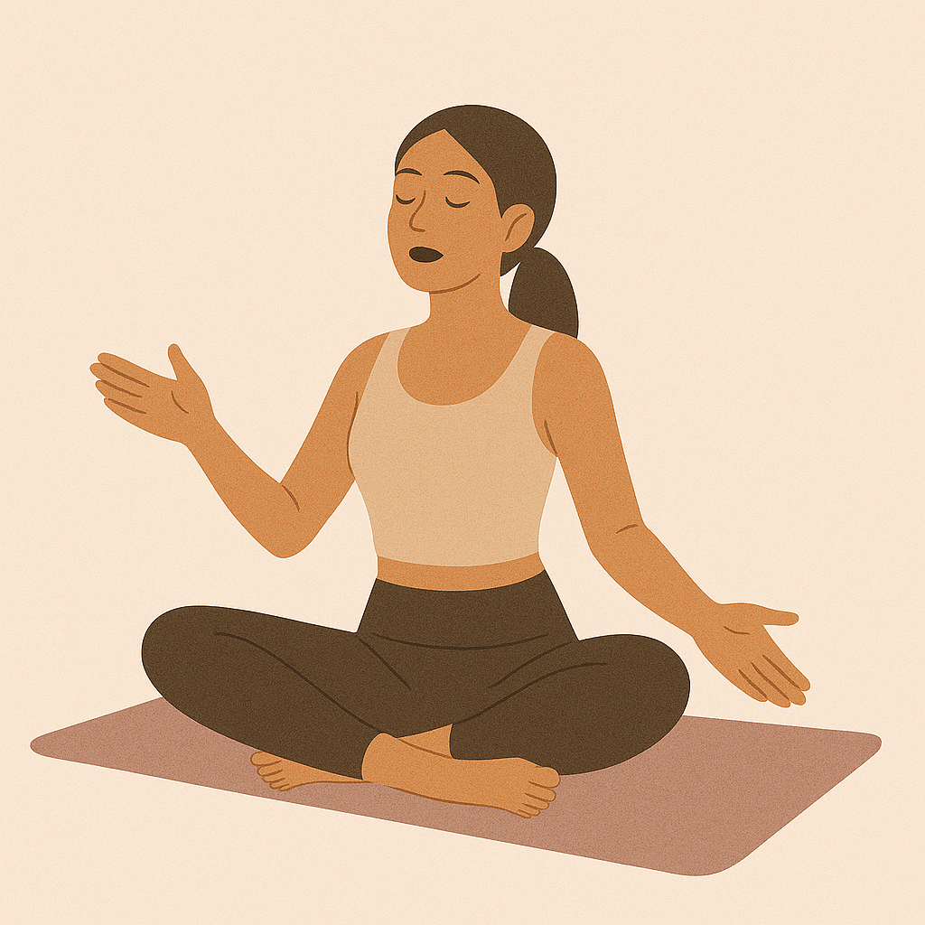 Illustration of the woman seated cross-legged with eyes closed, palms facing up, and the caption "Close your eyes and say 'I am safe. I am here.'"