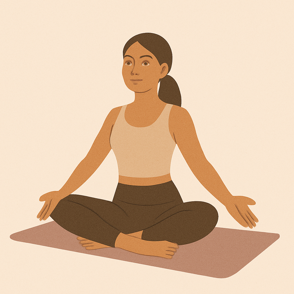 Illustration of the woman opening her eyes and sitting upright in a relaxed posture, with the caption "Open your eyes and return when ready."