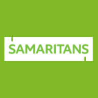 Samaritans logo with the word "SAMARITANS" in bold green letters on a white rectangular background, set against a bright green square. The logo represents the UK-based charity providing emotional support.