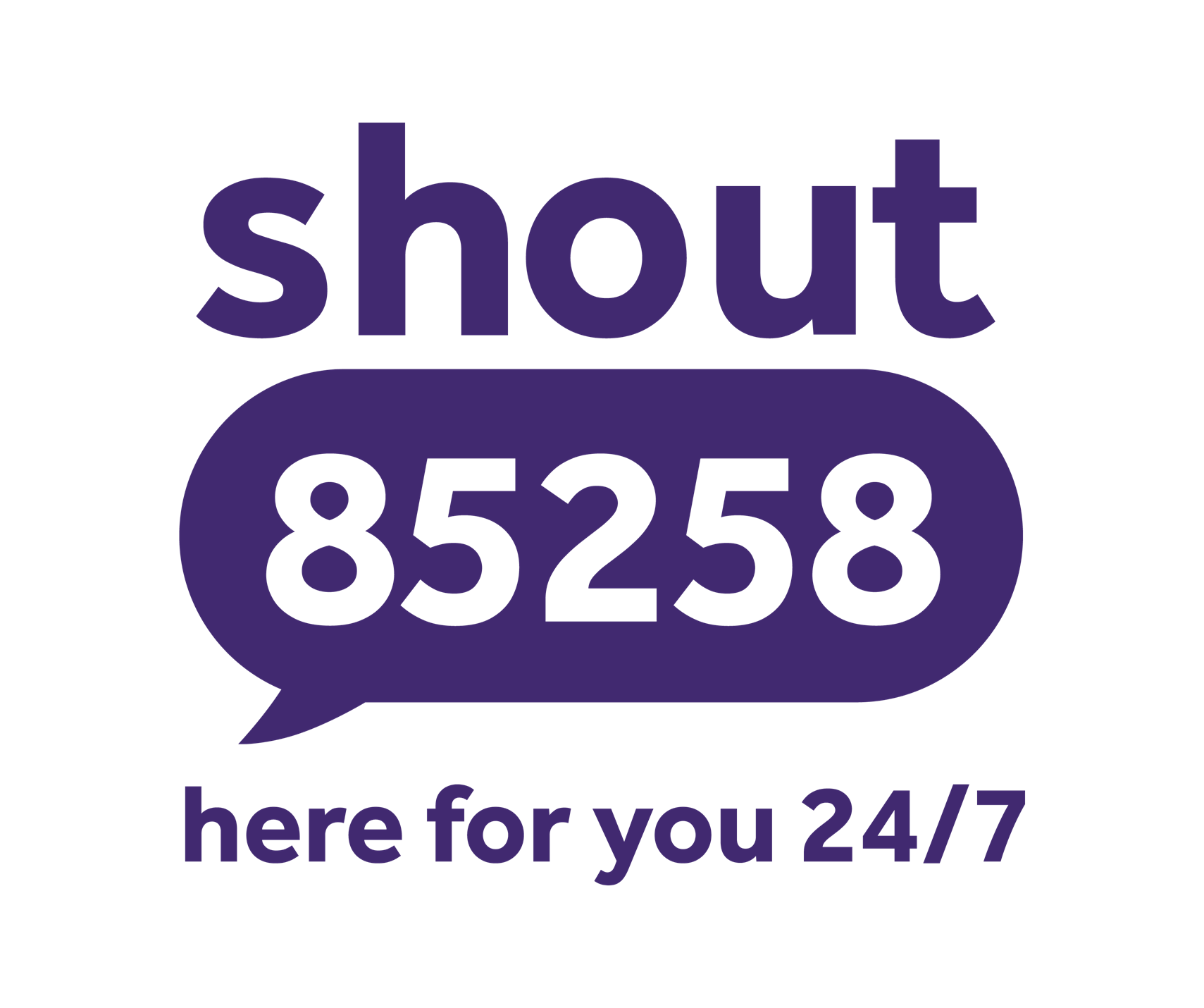 Shout logo in purple with the word "shout" above a speech bubble containing the number "85258", followed by the tagline "here for you 24/7", representing a UK mental health support text service.