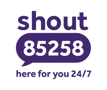 Shout logo in purple with the word "shout" above a speech bubble containing the number "85258", followed by the tagline "here for you 24/7", representing a UK mental health support text service.