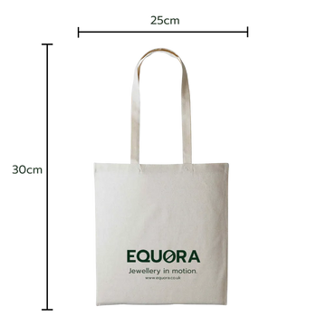 Canvas tote bag with the EQUØRA logo and tagline, shown with dimensions: 35cm width and 39cm height, 25cm handle drop.